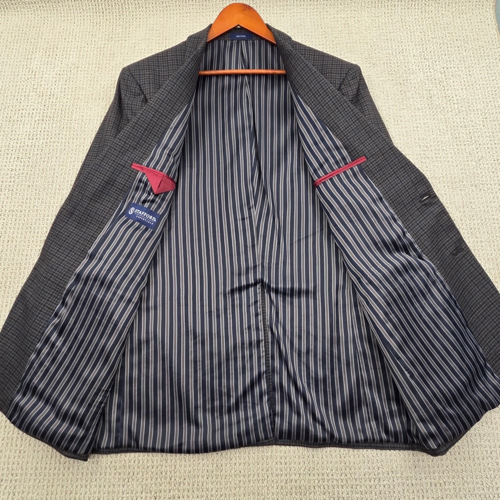 Stafford Classic Fit Wool Blend Blazer Gray Blue Plaid‎ Elbow Patches Mens 44L - Picture 10 of 10